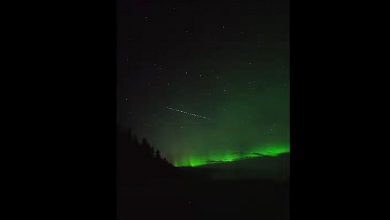 Фото - Не НЛО, но очень красиво. «Паровозик Starlink» засняли на фоне северного сияния